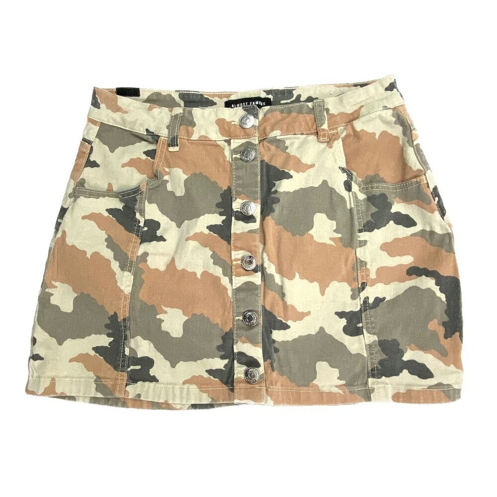 Almost Famous Skirt Button Front Women's Size 13 Green‎ Camo Jean Skirt